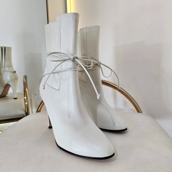 GUCCI Indya GG Pleated Accent Ankle Booties EU 40 US 9.5 White Leather Heel Boot - Picture 7 of 11